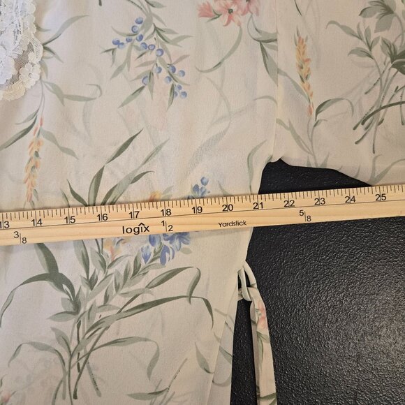 Vintage Val Mode Floral Sheer Kimono Robe Medium Cream Tie Belt Lace Trim - Picture 8 of 9